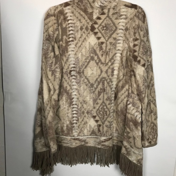 LuckyBrand Women Neutral Aztec OpenFront Fringe Cardigan Shawl Sweater Scarf XS - Picture 4 of 9